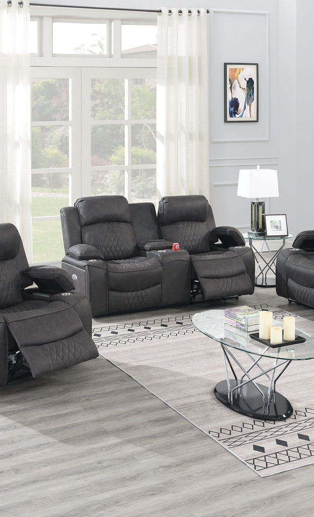 Power Motion Loveseat 1pc Contemporary Charcoal Gel Leatherette Storage Arms w Cup Holder Living Room Furniture