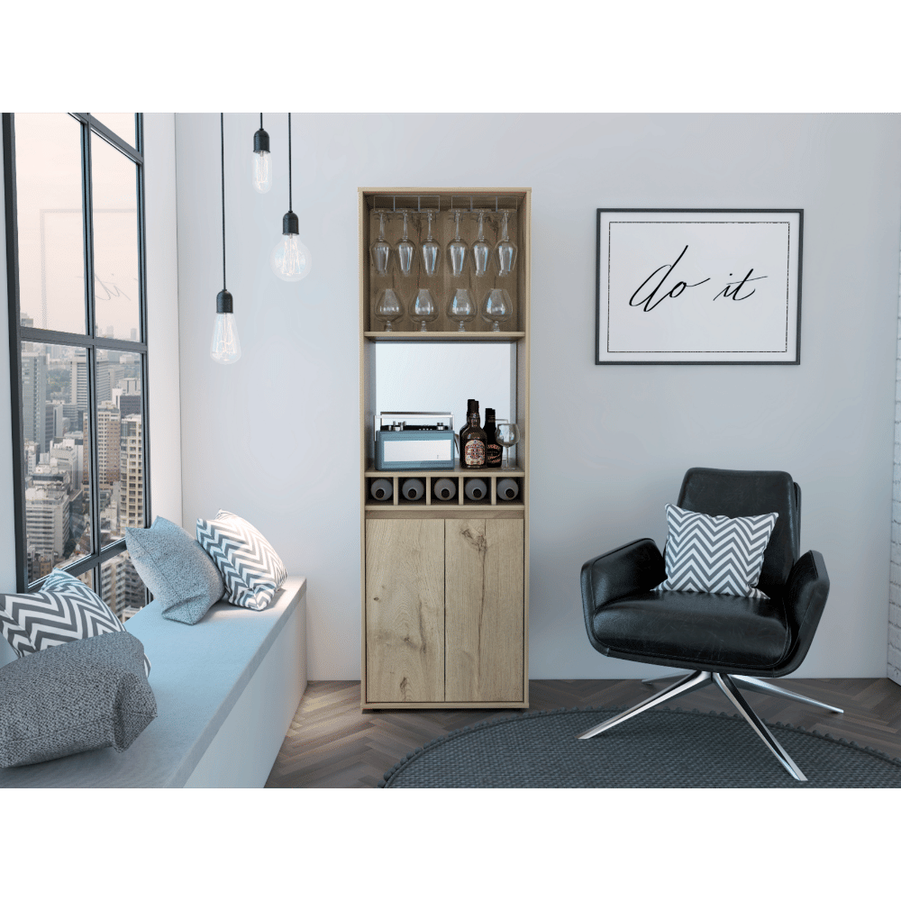 Prana Bar Cabinet, Two Shelves, Five Built-in Wine Rack, Double Door -Light Oak
