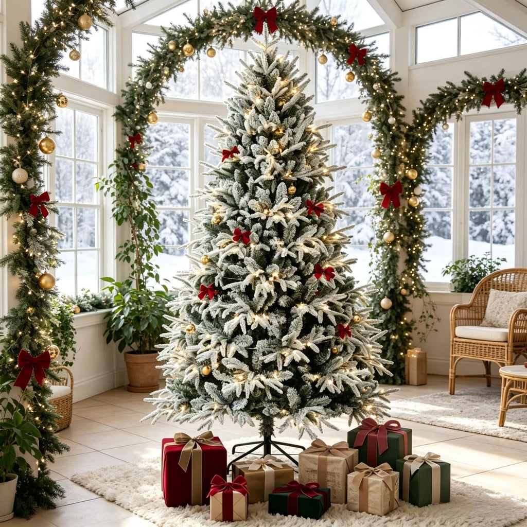 Pre-lit Flocked Christmas Tree,Realistic Snow-Dusted Holiday Tree,Easy-Setup Snowy Effect Christmas Tree