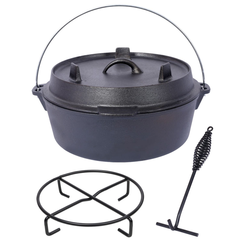 Pre-Seasoned Cast Iron Dutch Oven With Skillet Lid, Outdoor Camping Deep Pot for Camping Fireplace Cooking BBQ Baking Campfire, With Iron Pot Rack, 6 Quart