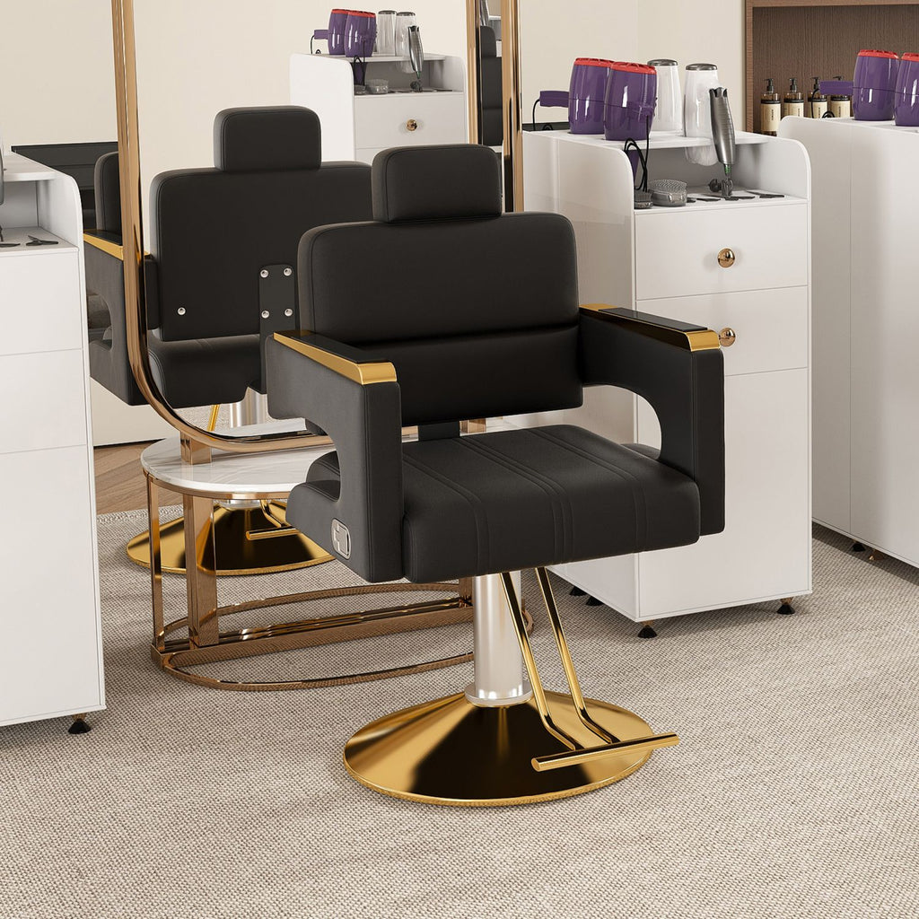 Professional Hydraulic Barber Chair - 360° Swivel with Adjustable Height, Stainless Steel Armrests & Reclining Backrest for Salon & Barber Shop(black + gold)