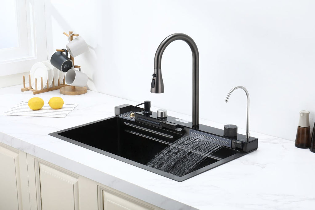 Pull-out Facuet Single Bowl Sink Kitchen Vegetable Sink 304 Whale Waterfall Sink Stainless Steel Dish Sink Vegetable Sink Household Vegetable Washing Basin