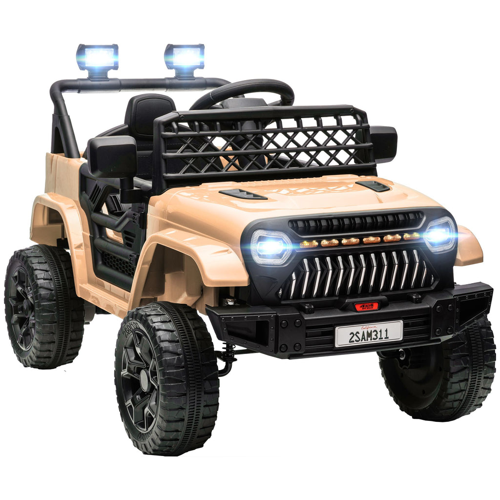 Qaba 12V Ride On Truck, Battery Powered Kids Electric Car UTV with 4 Suspension Wheels, Remote Control, 3 Speeds, LED Headlights, Horn, USB Music, Khaki