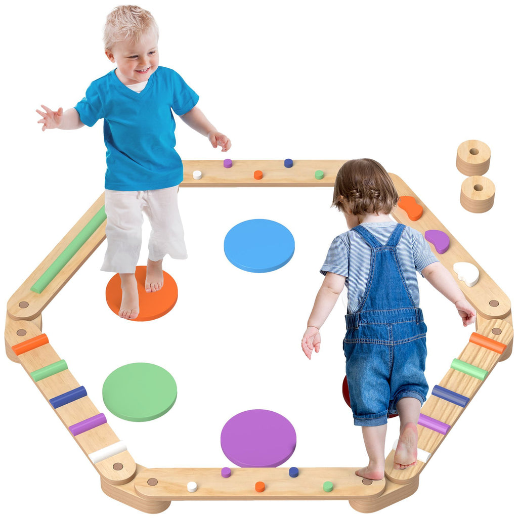 Qaba Kids Balance Beam, Wooden Balance Board with Stepping Stones, Gymnastics Obstacle Course for Toddlers 3-8 Years for Motor Skills Coordination, Indoor Outdoor Use
