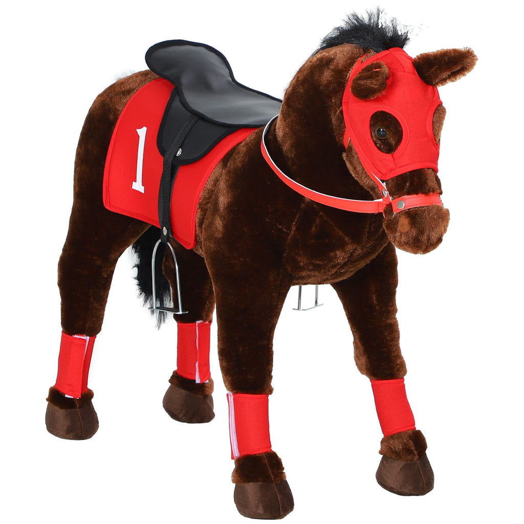 Qaba Ride on Horse for Kids 3-8 Years Old, Toddlers Race Horse with Neighing Sound, Ride on Animal Pony Toy with Saddle & Stirrups, Brown