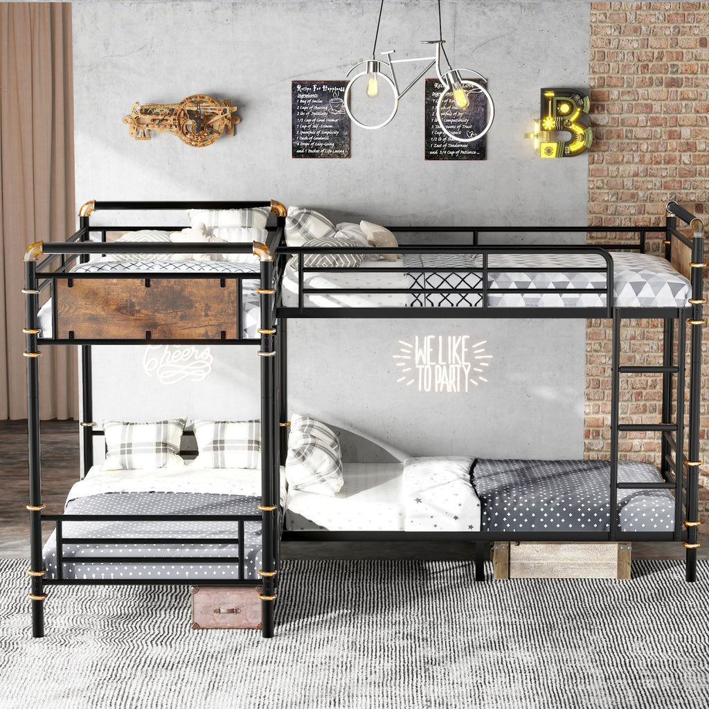 Quad Bunk Bed for 4 Kids, Heavy Duty Metal Twin Bunk Bed Frame, Detachable Triple Bunk Bed, Can Be Divided Into 3 Twin Beds, Black(Old SKU W2580S00020)