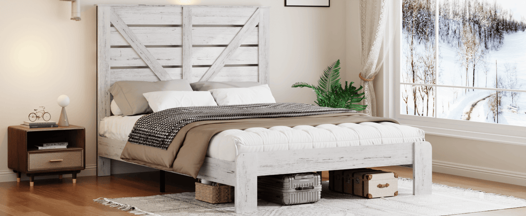 Queen Bed Frame Headboard , Wood Platform Bed Frame , Noise Free,No Box Spring Needed and Easy Assembly Tool,Large Under Bed Storage,White