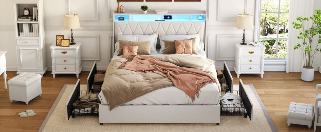 Queen Bed Frame with Ergonomic Headboard, Platform Bed Frame Queen Size with Outlets & Charger & LED Light, Metal Bed Frame Queen Size with Storage Shelf, Noise-Free, No Box Spring Needed