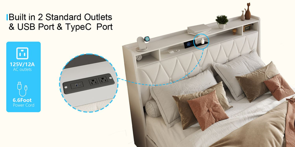 Queen Bed Frame with Ergonomic Headboard, Platform Bed Frame Queen Size with Outlets & Charger, Metal Bed Frame Queen Size with Storage Shelf, Noise-Free, No Box Spring Needed