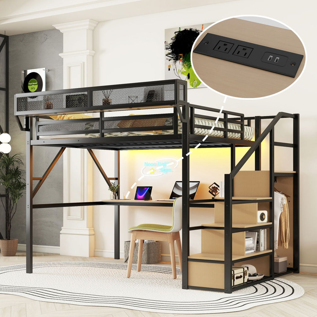 Queen Loft Bed with Desk and Charging Station, Queen Size Metal Loft Bed with Stairs and Light for Kids Teens, Black