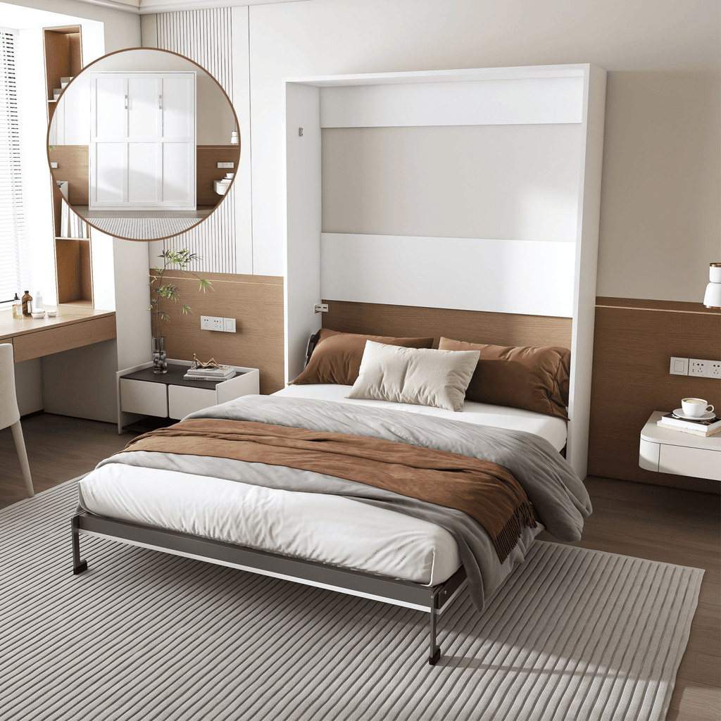Queen Murphy bed, 65-inch foldable wall bed, with metal bed frame, solid wood support slats, concealed bed frame, suitable for bedrooms and guest rooms, white (old sku :W509S00154)
