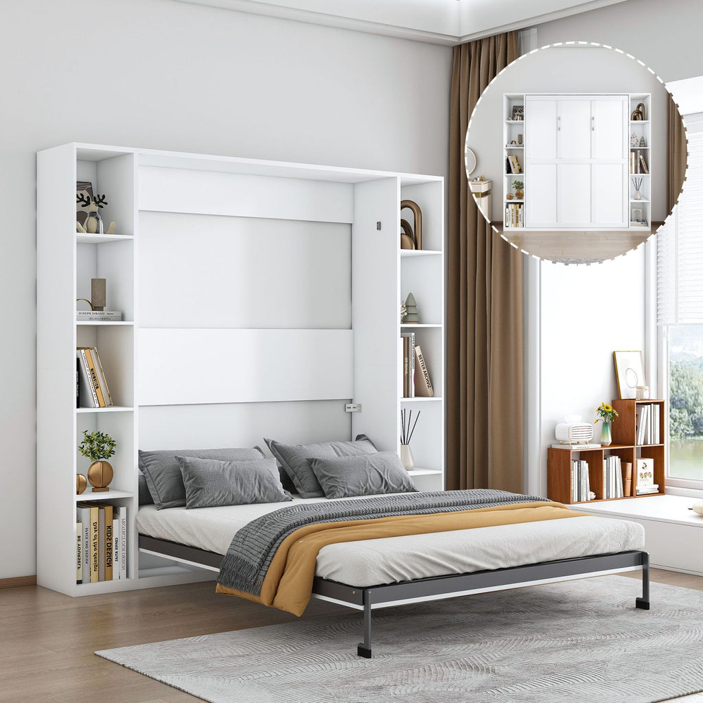 Queen Murphy bed, 89.7-inch foldable wall bed, with storage cabinet, with hardware bed frame and solid wood support strips, hidden bed frame, suitable for bedrooms, guest rooms, white