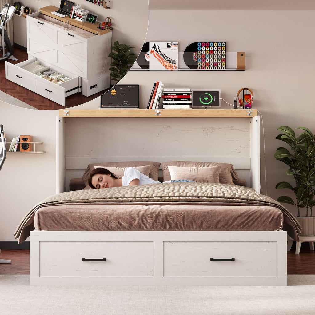 Queen Murphy Bed with Charging Station,Farmhouse Murphy Cabinet Bed with Large Storage Drawer,Hideaway Foldable Platform Bed for Guest Bedroom, Living Room, Small Room,Pull out Bed,Distressed White