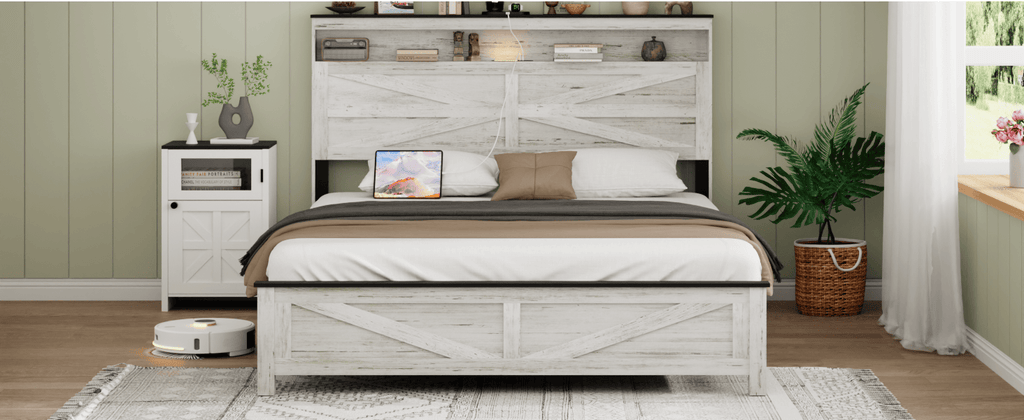 Queen size bed frame headboard with LED lights and charging station cushion platform bed frame, large bed, with headboard and hidden storage space, no box spring required, Antique White+Gray