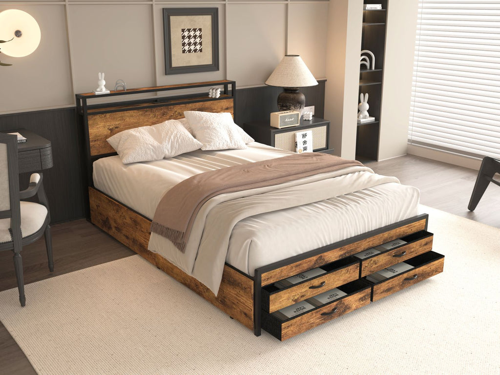 Queen Size Bed Frame with 8 Storage Drawers, LED Headboard with Charging Station, Metal Platform Bed Frame, No Box Spring Needed, Noise-Free, Stable and Solid, Brown