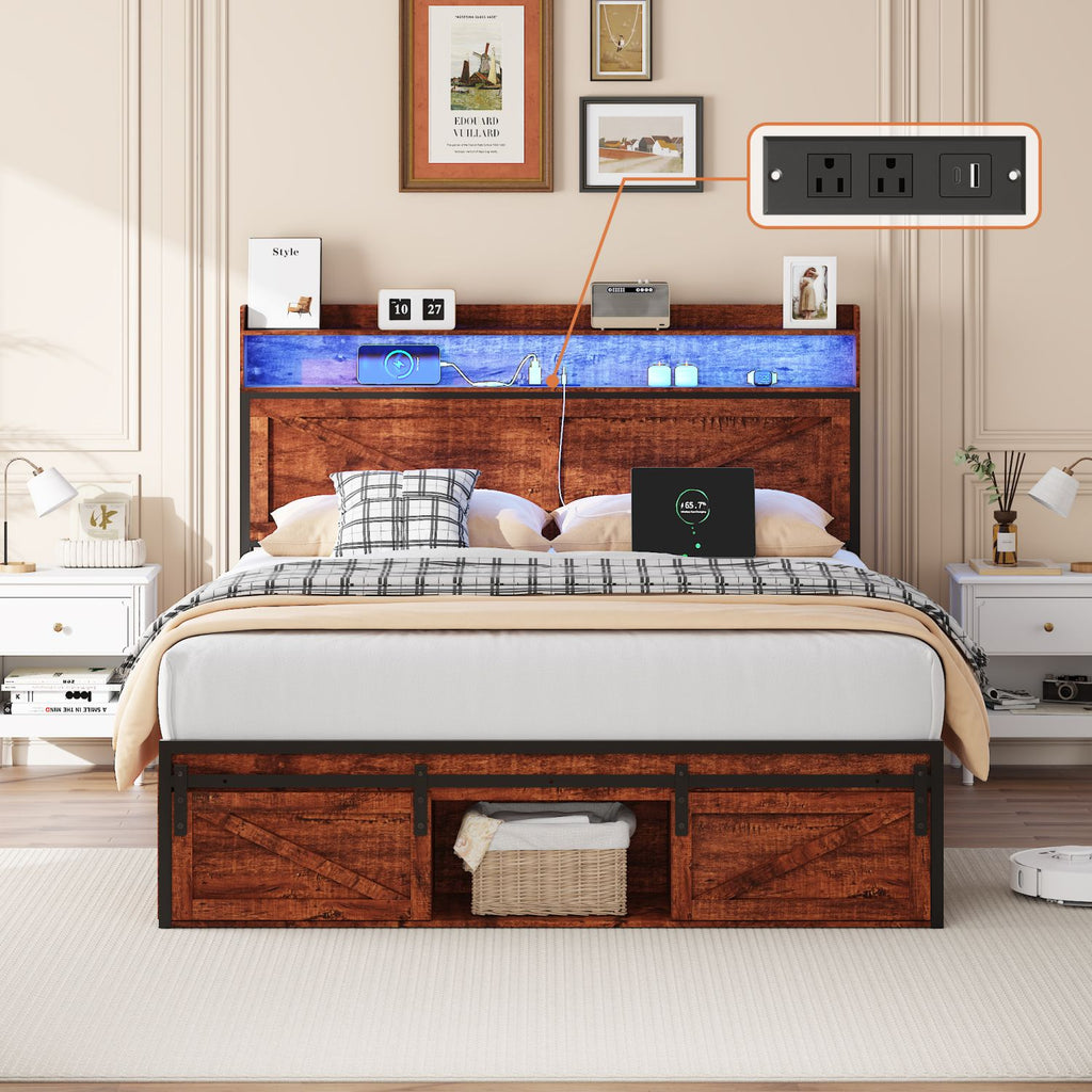 Queen-size Bed Frame with Storage Headboard, Footboard Storage Compartments and LED Lighting, Equipped with Anti-slip & Noise-free Mattress-support Metal Platform and Robust Metal Slat Support, Brown