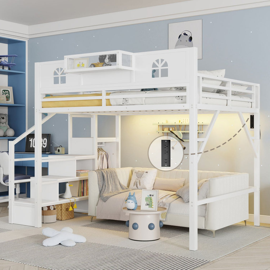 Queen Size Loft Bed with Stairs, Metal Queen Loft Bed with High and House Shaped Guardrails, High Loft Bed with Wardrobe for Kids Teens, White (Old SKU W2593S00038 Expect Arrival Date2026/3/7 )