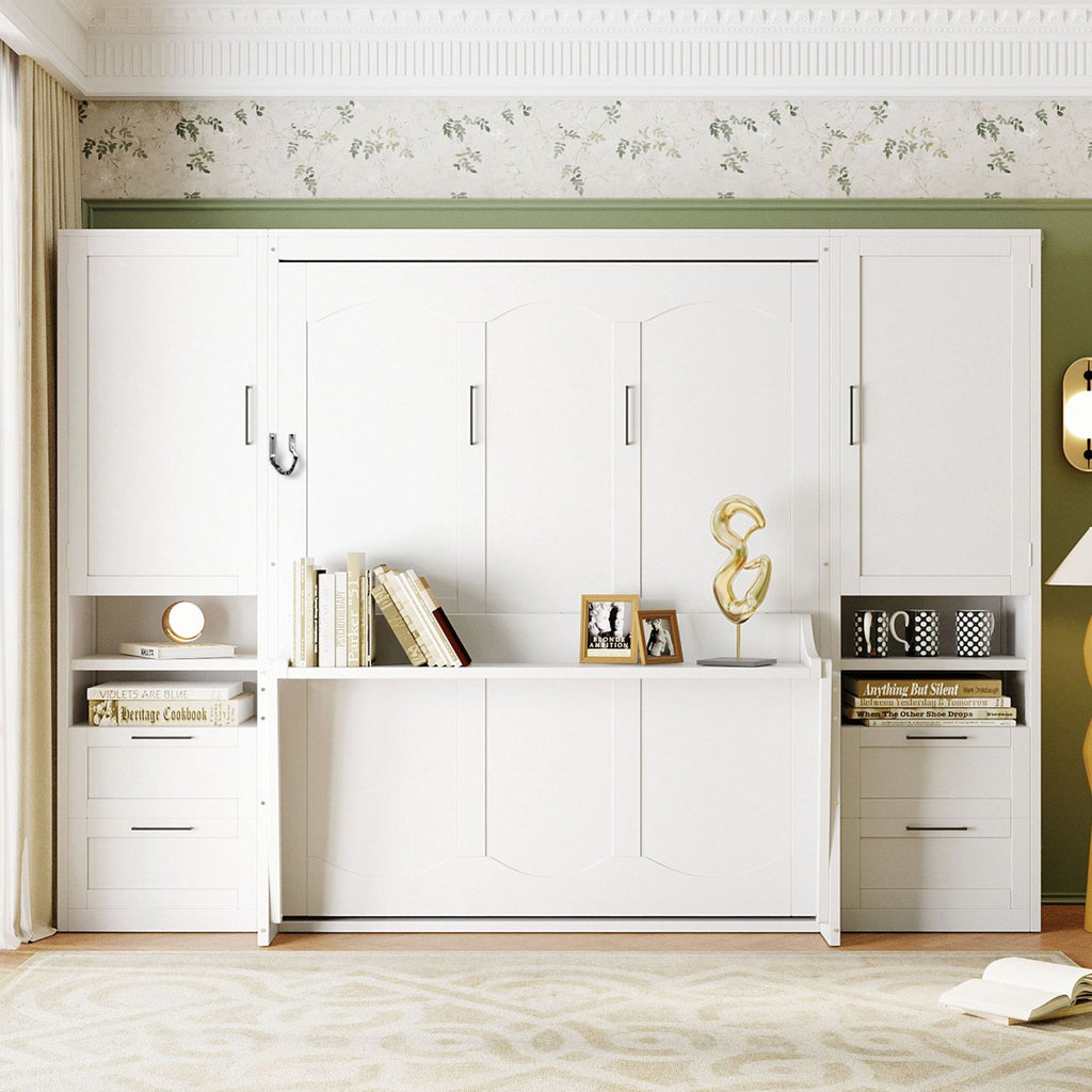 Queen Size Murphy Bed Wall Bed with Closet ,Drawers and Shelves,White(OLD SKU:LP000909AAK-1)