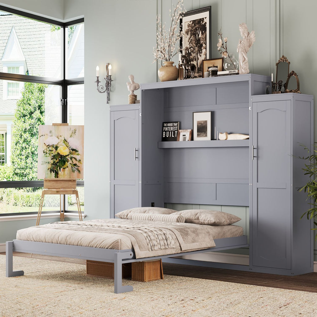 Queen Size Murphy Bed, Wooden Queen Wall Bed with 2 Wardrobe and Storage Shelf, Multifunctional Foldable Platform Bedframe for Guest-Room, Bedroom, Gray