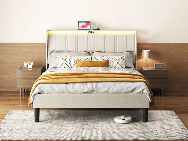 Queen Size Platform Bed Frame with Fabric Upholstered Headboard and Wooden Slats Support