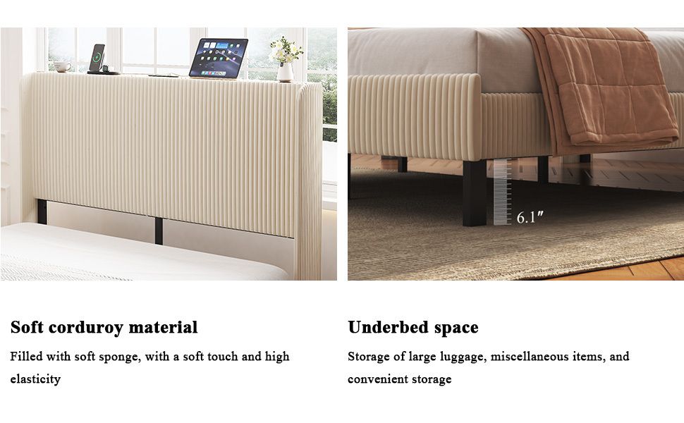Queen Size Platform Bed , Metal Bed Frame with Charging Station, No Box Spring Needed, (Beige), Noise Free,Easy Assemble.