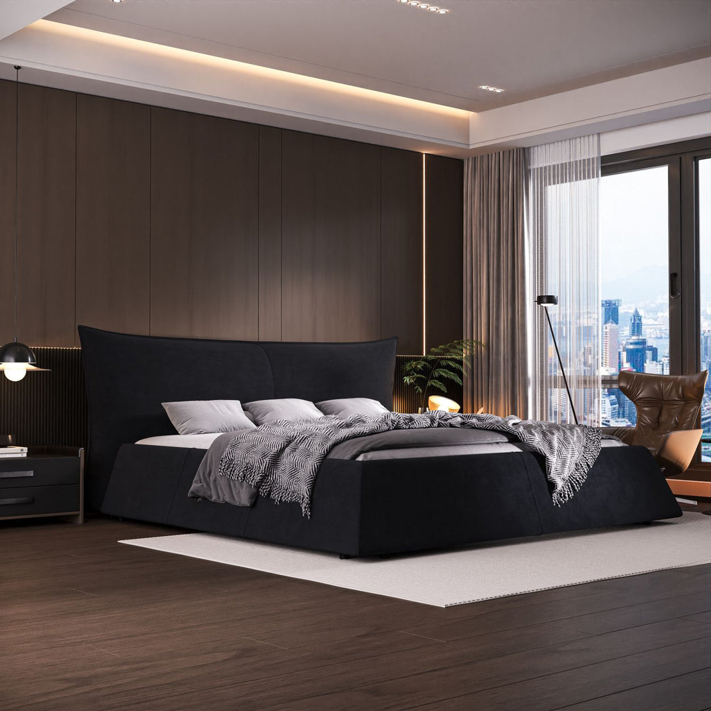 Queen Size Upholstered Platform Bed with Special Shaped Velvet Headboard, Metal & Solid Wood Frame,Black