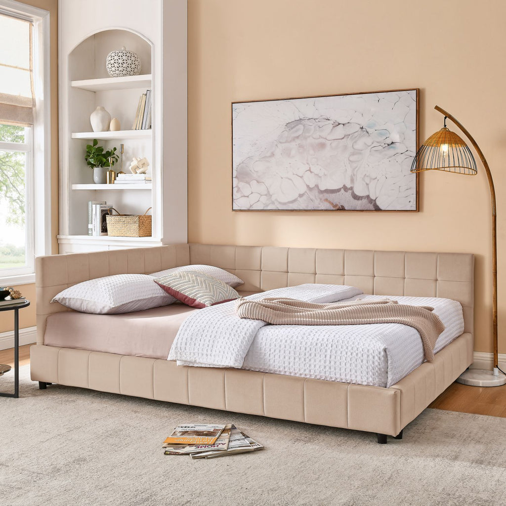 Queen Size Upholstered Tufted Bed Frame, Sofa Bed Frame with Comfortable Backrest and Armrests, Queen Size Bed for Bedroom, Living Room,Velvet, pink(85.5''*64.5''*30.5'')