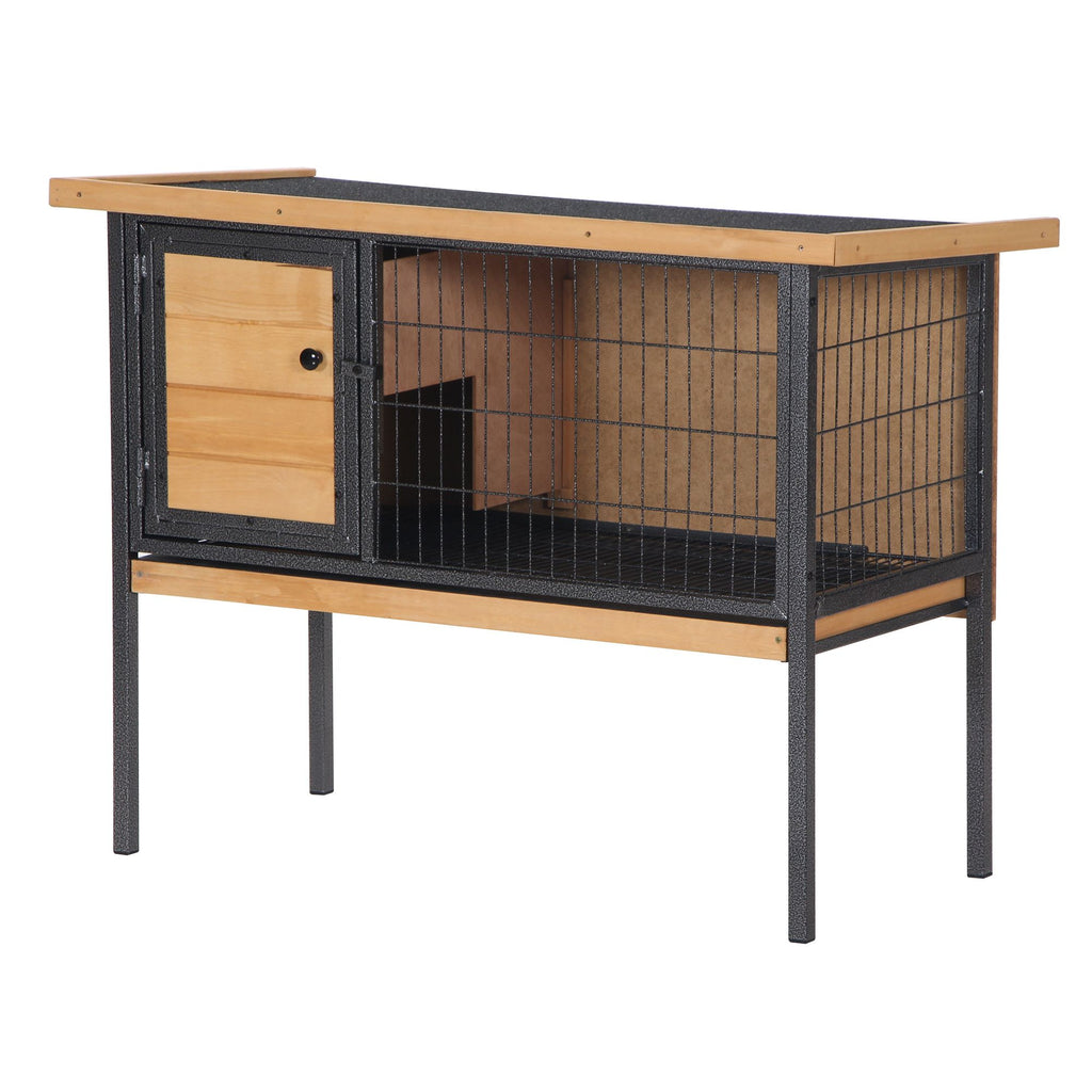 Rabbit Hutch Elevated Bunny Cage Small Animal Habitat with Metal Frame, No Leak Tray, Mtetal Wire Pan and Openable Water-Resistant Asphalt Roof for Indoor/Outdoor Natural Wood