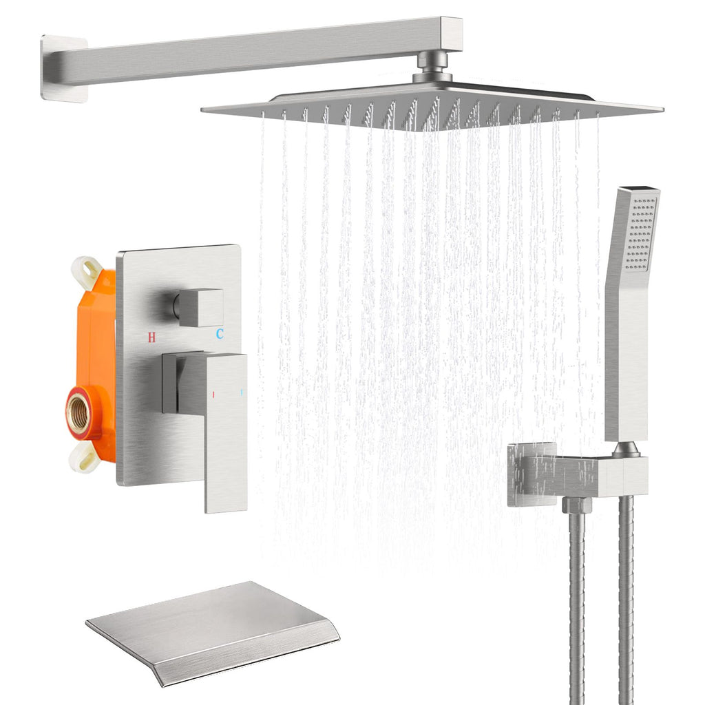 Rain Shower System Matte Black Tub Shower Faucet Set 10 Inch Square Rainfall Shower Head with Handheld Sprayer and Waterfall Tub Spout Pressure Balance Rough-in Valve Shower Mixer Combo