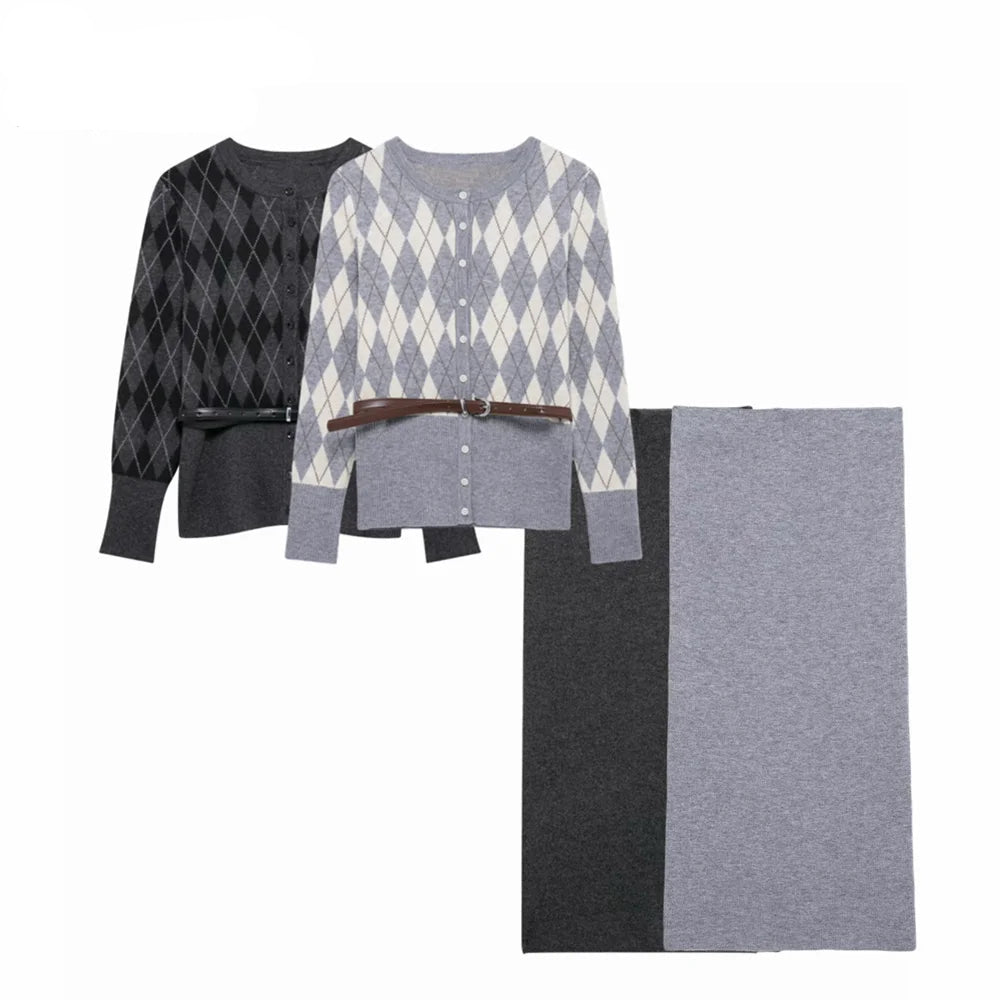 Women’s College Style Diamond Check Belted Waist Sweater and Flat Midi Skirt Two-Piece Set
