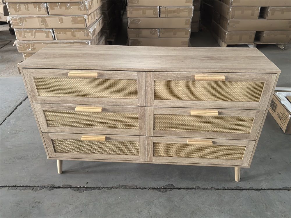 Rattan 6 Drawers Chest of Dressers for Bedroom, Modern 6 Drawer Dresser, Wide Chest of Drawers with wood Handles, Rattan Dresser Storage Cabinet for Living Room, Bedroom, Hallway