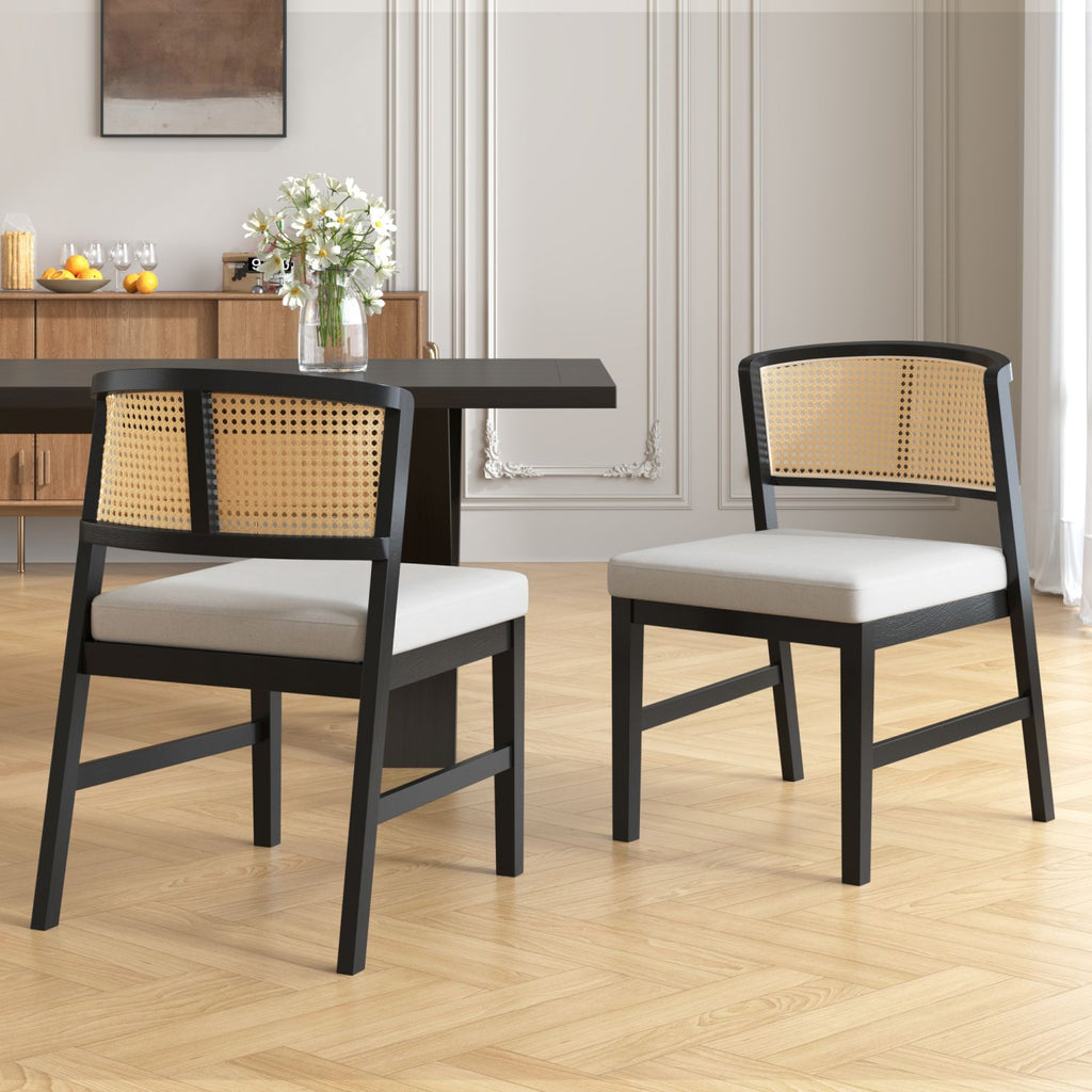 Rattan Dining Chairs Set of 2, Fabric Upholstered Kitchen Side Chair, Curved Rattan Back, with Hardwood Frame, Armless Chairs for Kitchen/Restaurant, Black+Beige Cushion
