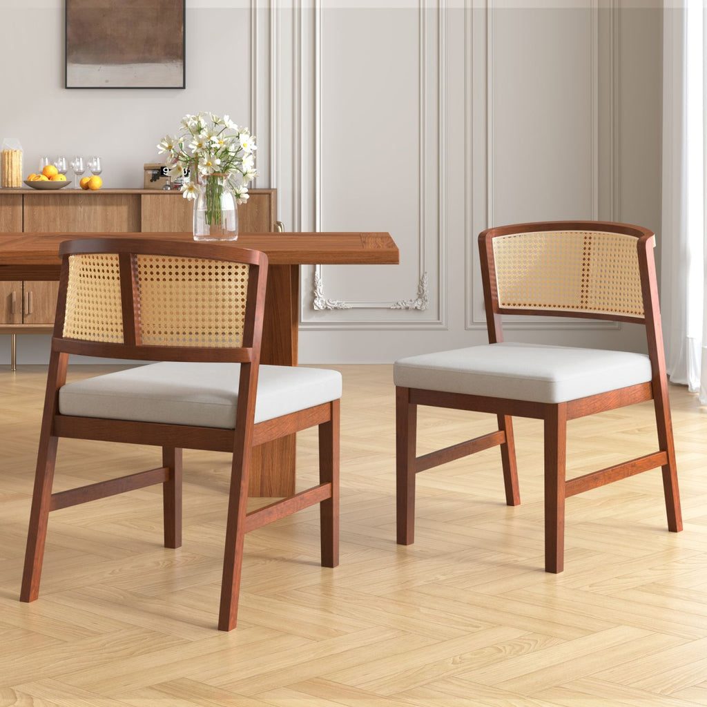 Rattan Dining Chairs Set of 2, Fabric Upholstered Kitchen Side Chair, Curved Rattan Back, with Hardwood Frame, Armless Chairs for Kitchen/Restaurant, Walnut