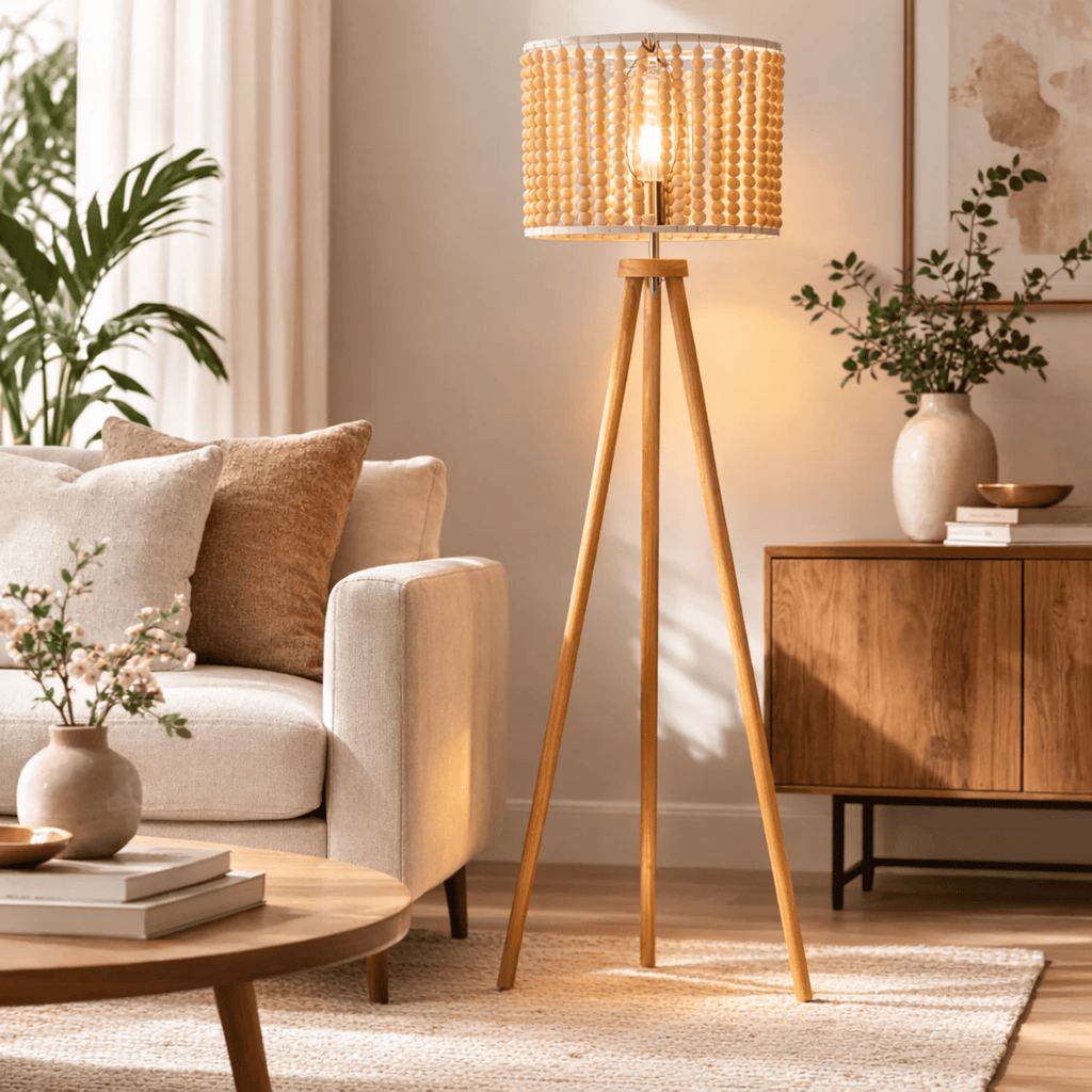 Reading Floor Lamp, Standing Light for Living Room Chair, Bedside & Study Area, Brillo Three Legged Floor Lamp Natural 110V