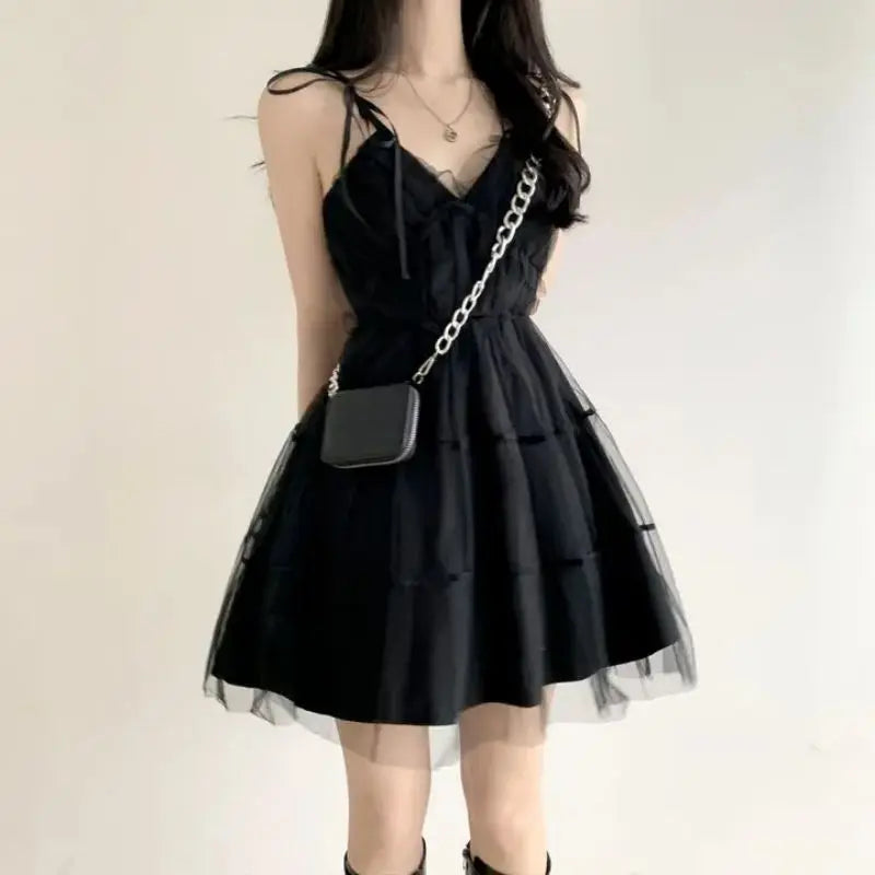 Sleeveless Strapless Black Mesh Mini Ball Gown Dress with V Neck for Women Elegant Party Evening Wear