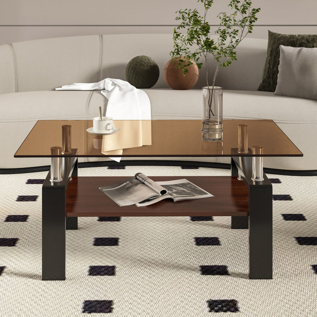 Rectangle Coffee Table, Tempered Glass Tabletop with MDF Layer, Modern Table for Living Room , Brown Glass