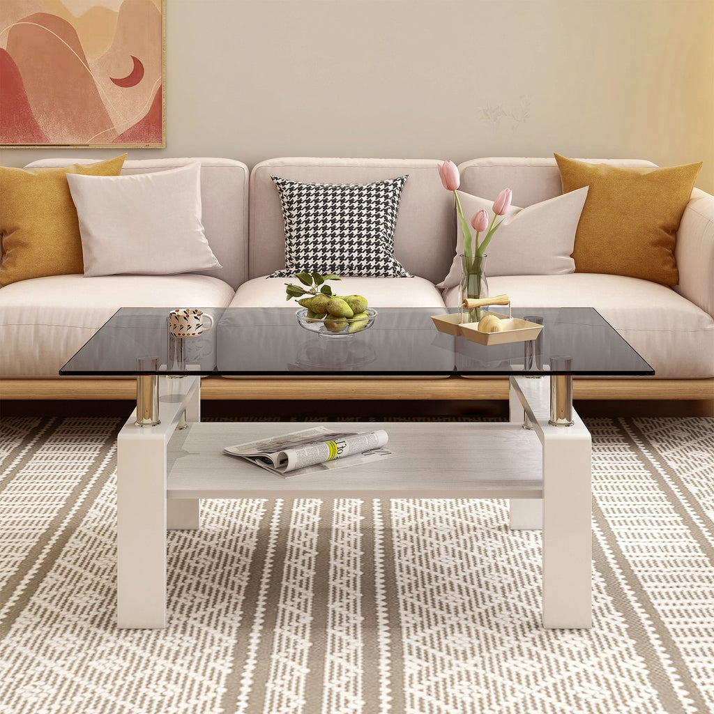 Rectangle Coffee Table, Tempered Glass Tabletop with MDF Layer, Modern Table for Living Room , Gray Glass