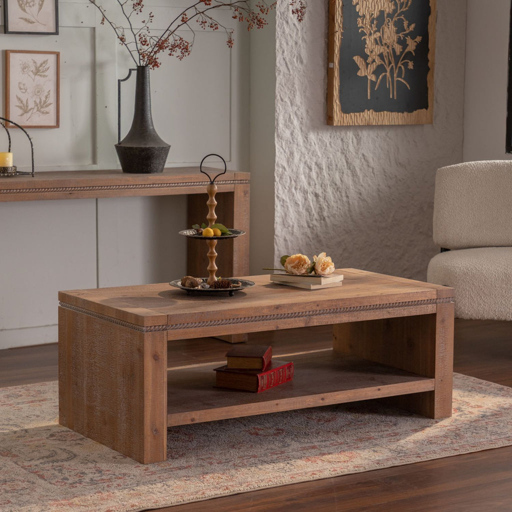 Rectangle Coffee Table with Solid Wood for Living Room, Large 2-Tier Rustic Coffee Table with Storage Shelf, Office and Apartment, Easy Assembly