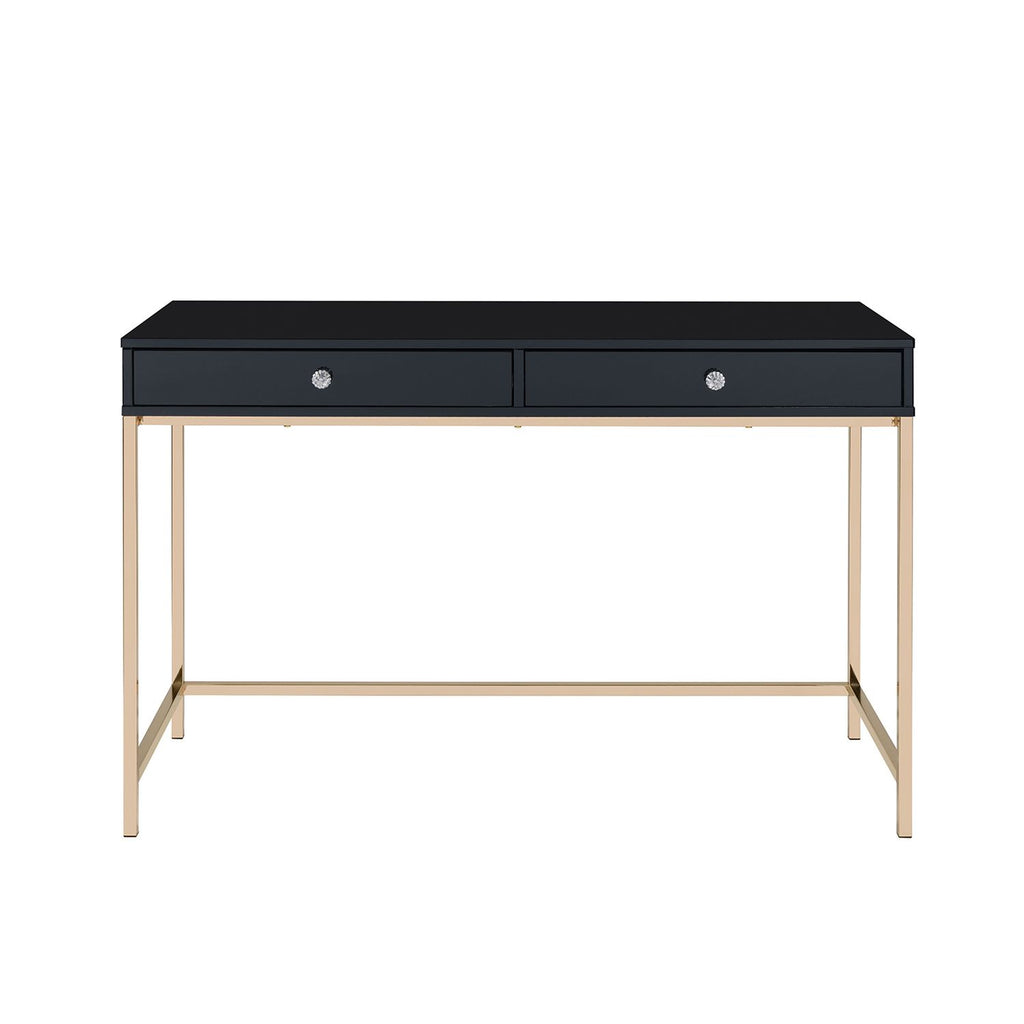 Rectangular Writing Desk with 2 Drawers, Black High Gloss and Gold