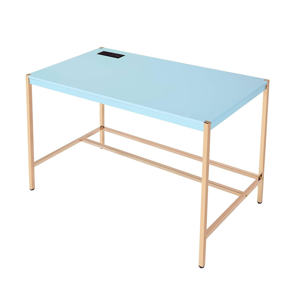 Rectangular Writing Desk with USB Port, Baby Blue and Gold