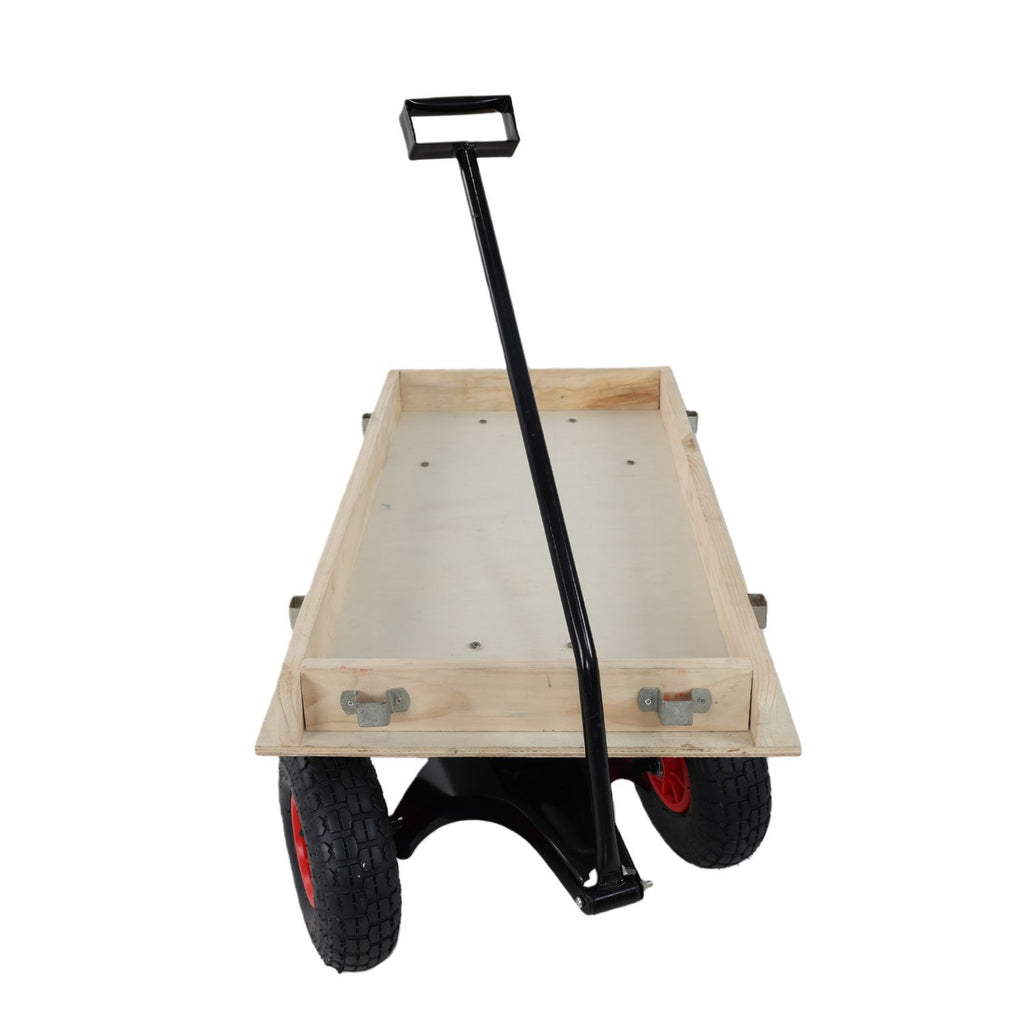 Red Wooden Wagon Cart with Folding Handle, Heavy Duty All-Terrain Kids Wagon for Outdoor, Garden, Camping, and Beach - Classic Pull-Along Utility Wagon