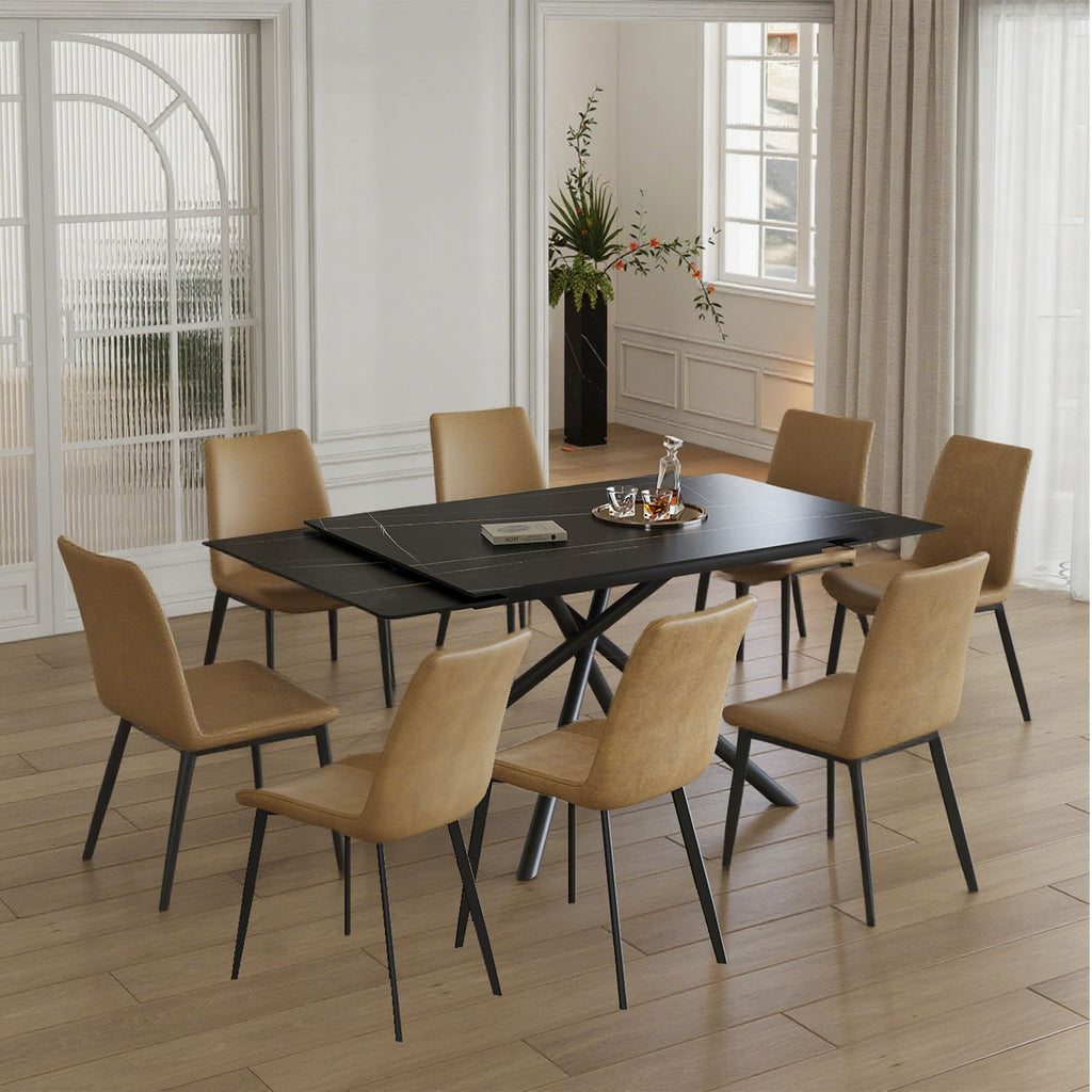 Retractable Sintered Stone Dining Table Set,Featuring a modern rectangular design, it adopts black carbon steel table legs and a cross-leg structure at the bottom(Table + 8 Chairs)