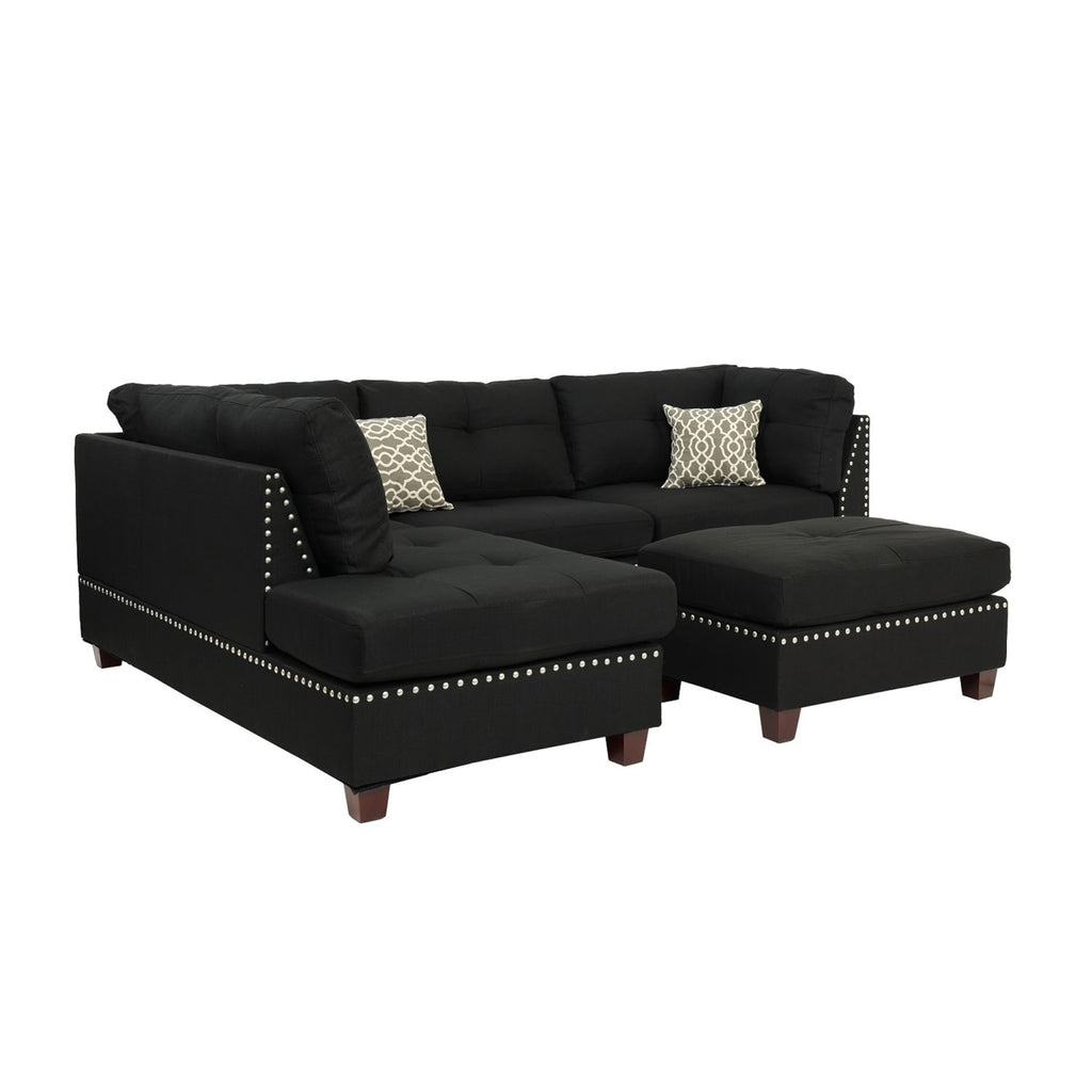 Reversible Polyfiber Sectional Sofa with Ottoman, Black