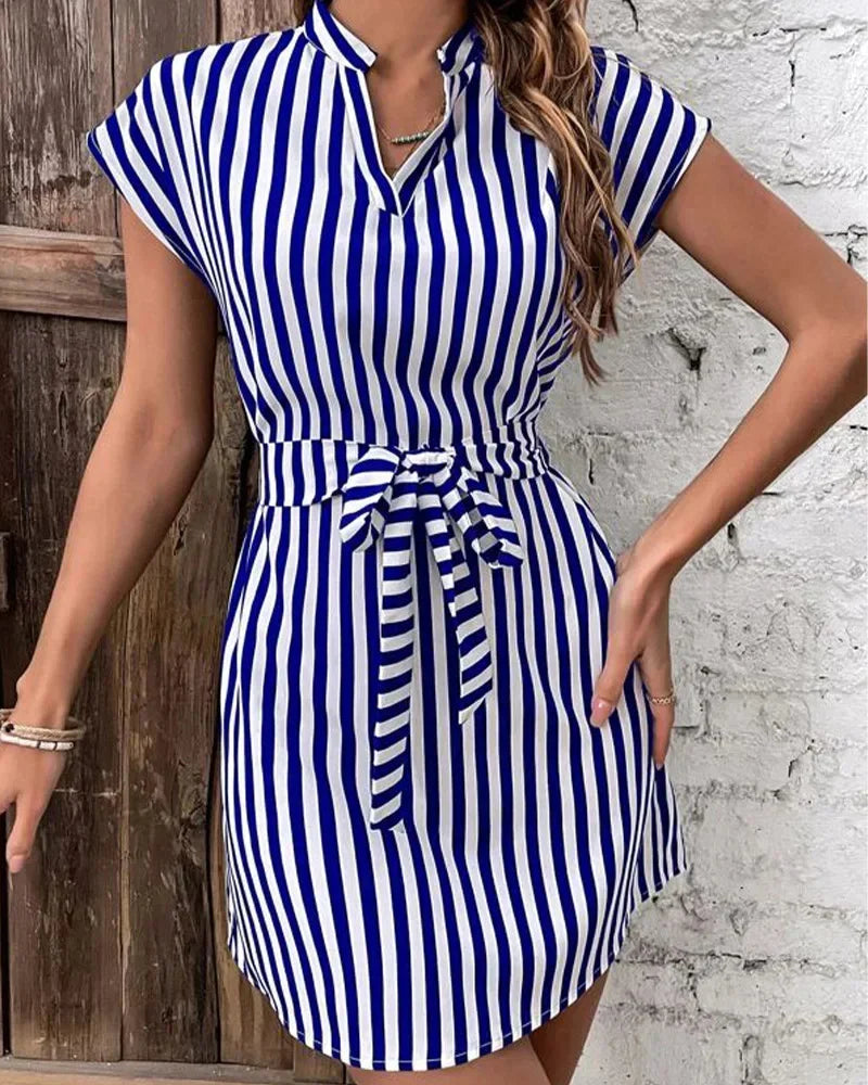 Women’s Spring Summer A-Line Sleeveless Dress with Turn-Down Collar and Striped Printed Design