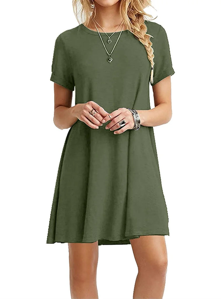 Women’s Summer Mini Dress Casual Boho Beach Dress with Solid Color O-Neck Short Sleeve A-Line Fit