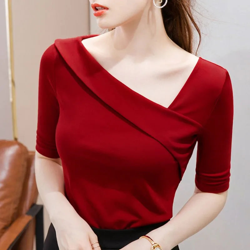 Slim Fit Women's Basic Short Sleeve T-Shirt with Skew Collar Sheath Blouse Top