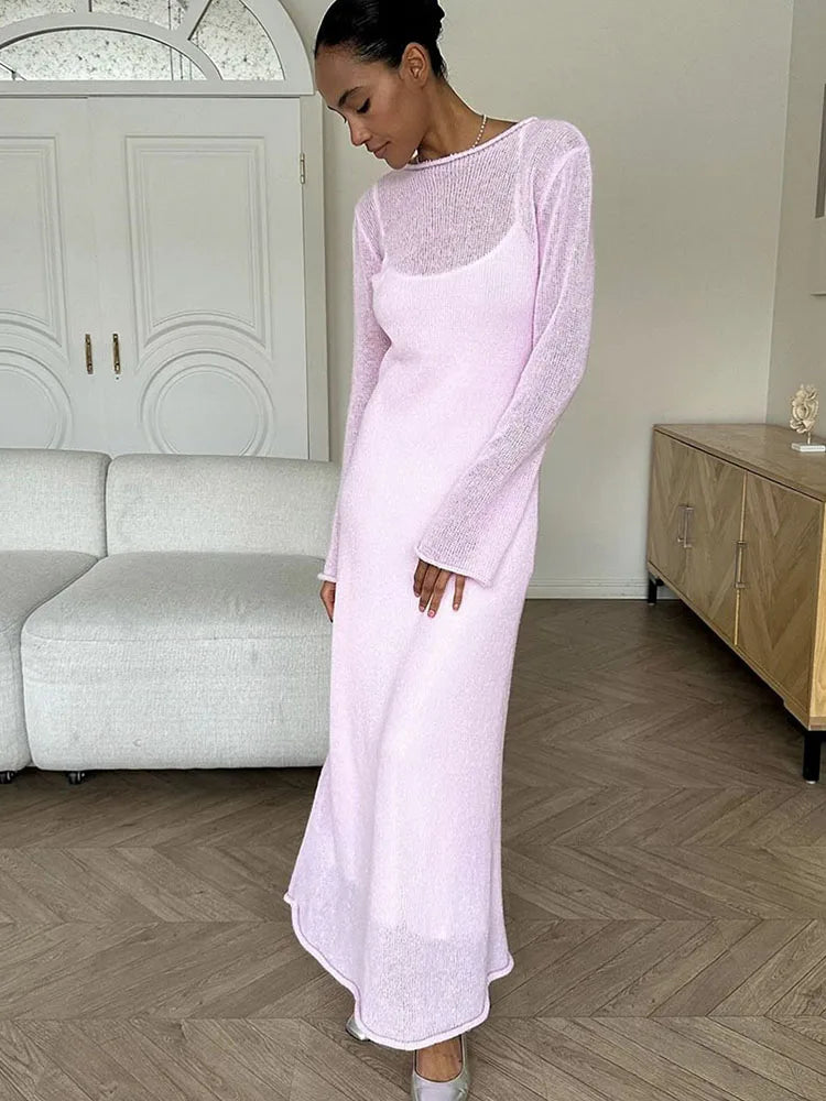 Elegant Spring Autumn O-Neck Elastic Knit Long Dress for Women Soft Lady Hollowing Sweater Dress with Chic Style - NIICY