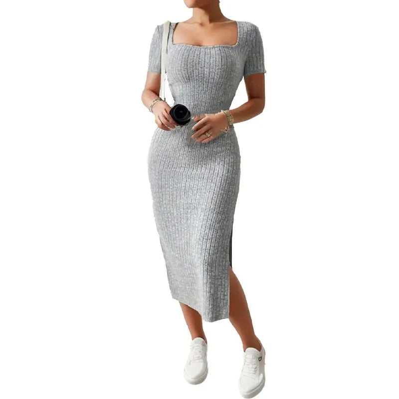 Summer Square Neck Top with Hip-Hugging Mid-Length Knitted Slit Skirt and Short-Sleeved Versatile Dress - NIICY