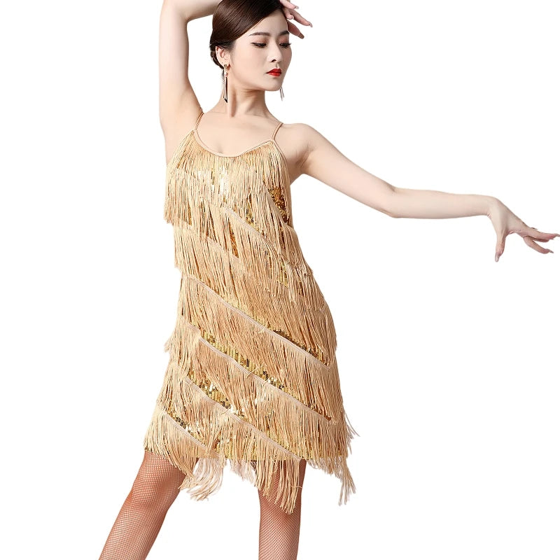 Women Salsa Latin Dance Dress with Sequin Tassel Fringe Flapper Style for Gatsby Party and Ballroom Dancing