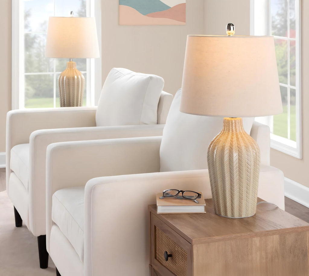 Rockwell 23" Contemporary Ceramic Table Lamp in Cuban Sand Ceramic, Polished Nickel and Natural Linen Shade from Grandview Gallery - Set of 2